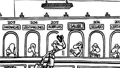 A caricature of all the different "stations" you need to get some random paper notarized, legalized, sealed, stamped and approved